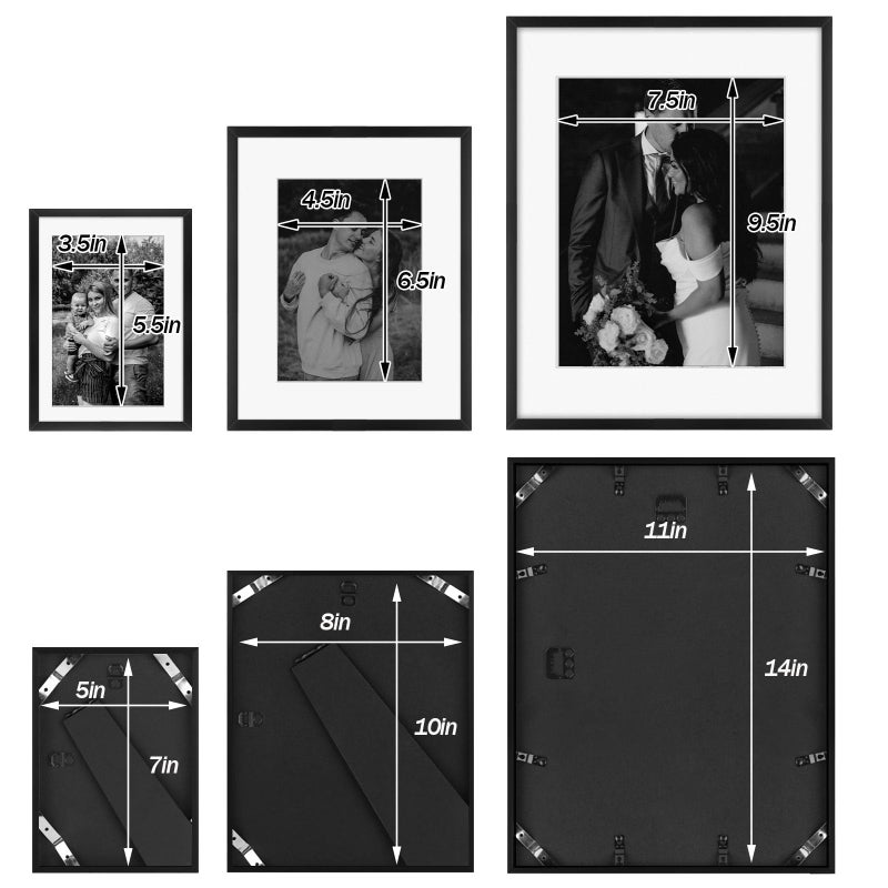 Frametory, Black Aluminum Picture Frame with Removable Mat - Set of 7 Includes Four 5x7, Two 8x10, One 11x14 - Real Glass Front - Simple Gallery Wall Frames for Art Prints and Posters - Image 4